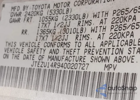 2004 Toyota 4Runner Sr5 V6 from USA, damaged, VIN JTEZU14R940020727